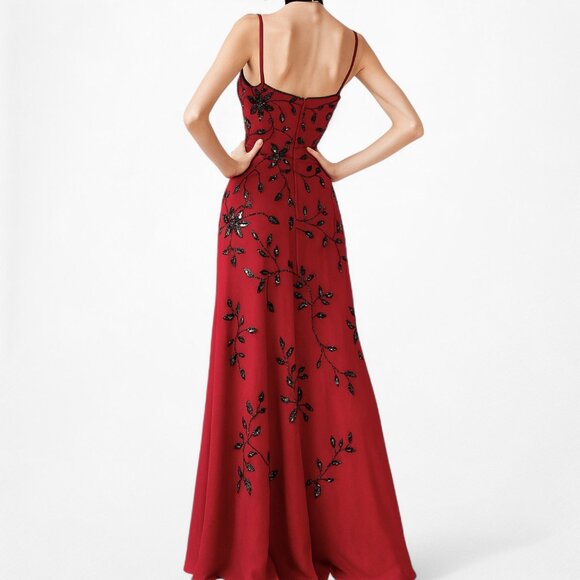 Vintage Y2K Red Black Floral Beaded Fit Flared Maxi Prom Dress Size L/XL - Picture 3 of 10